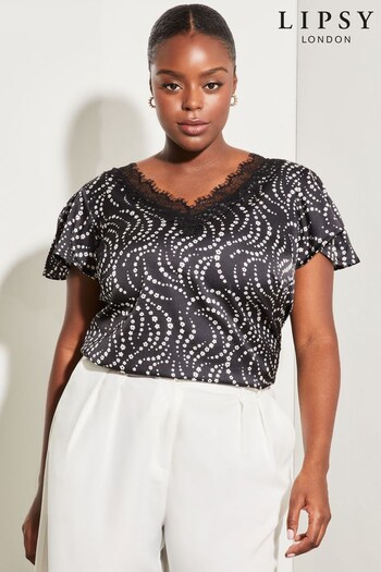 Lipsy Black and White Floral Curve Satin Lace Trim V Neck Short Sleeve T-Shirt (L70473) | £30
