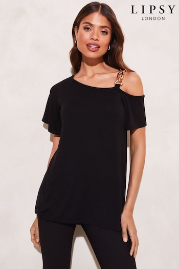 Lipsy Black Chain One Shoulder Short Sleeve Tunic (L71481) | £34