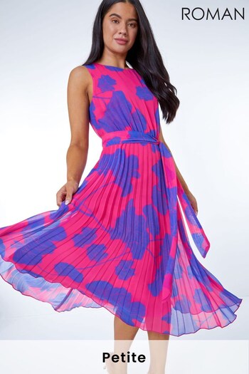 Roman Pink & Purple Petite Linear Floral Print Pleated Dress (L80892) | £65