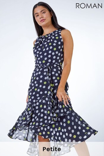 Roman Blue Petite Spot Print Frill Trim Dress (L81761) | £55