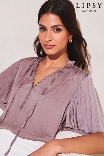 Lipsy Lilac Pleat V Neck Front Tie Flutter Sleeve Top (L82983) | £38