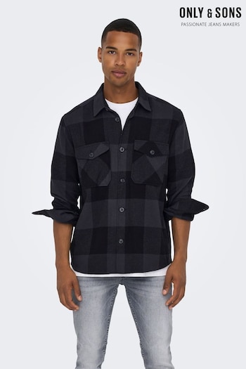 Only & Sons Black Check Regular Fit Button Up Long Sleeve Flannel Overshirt (L83528) | £36