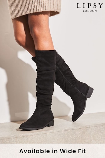 Lipsy Black Regular Fit Block Heel High Leg Flat Ruched Boot (L84973) | £59