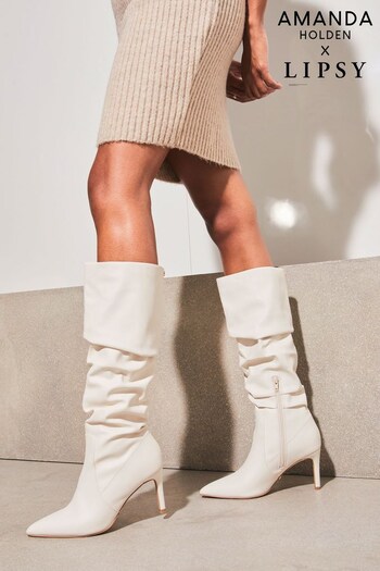 Lipsy Cream faux leather Regular Fit Long Knee High Ruched Mid Heeled Boot (L84978) | £65