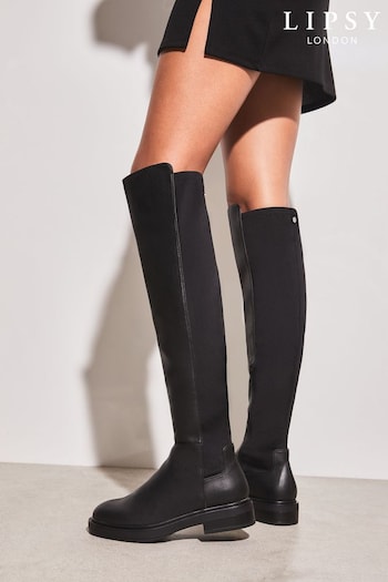 Lipsy Black Faux Leather Flat Faux Leather Knee High Boot (L85213) | £69