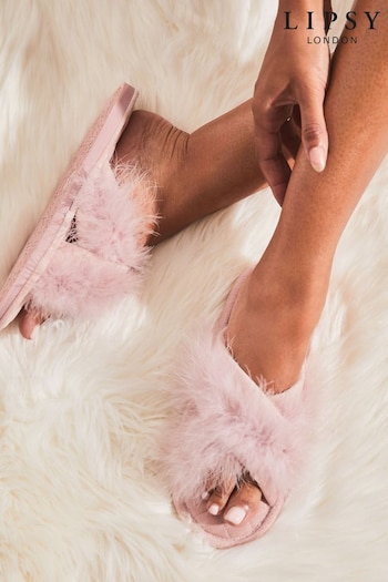 Lipsy Pink Feather Mule Faux Fur Cross Slippers (L86141) | £16