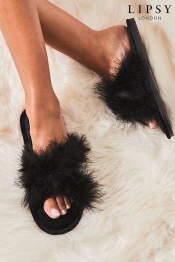 Lipsy Black Feather Mule Faux Fur Cross Slippers (L86144) | £16