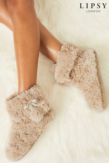 Lipsy Cream Faux Fur Pom Bootie Slippers (L86303) | £24