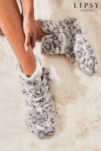Lipsy Cream Printed Heart Pom Bootie Slippers (L86309) | £24