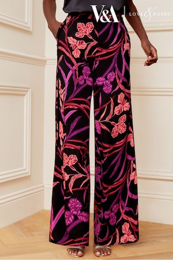 V&A | Love & Roses Black and Pink Wide Leg Printed Wide Leg Trousers (L86323) | £40