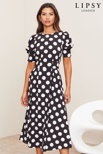 Lipsy Mono Spot Petite Puff Sleeve Tie Waist Summer Midi Dress (L88022) | £46