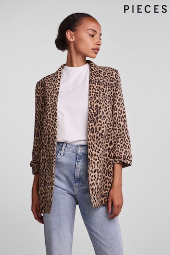 Pieces Leopard Print Relaxed Ruched Sleeve Workwear Blazer (L97429) | £44