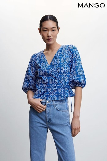 Mango Blue Embroidered Puff Sleeve Blouse (M00173) | £46