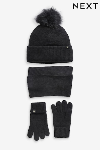 Black Soft Ribbed Paperboy Hat, Gloves And Scarf Set (3-16yrs) (M00613) | £17 - £20