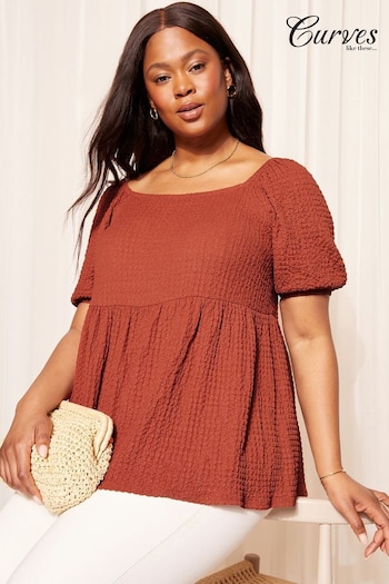 Curves Like These Red Textured Square Neck Peplum Top (M02871) | £28