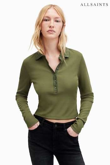 AllSaints Green Hallie Long Sleeve Polo Shirt (M03458) | £75