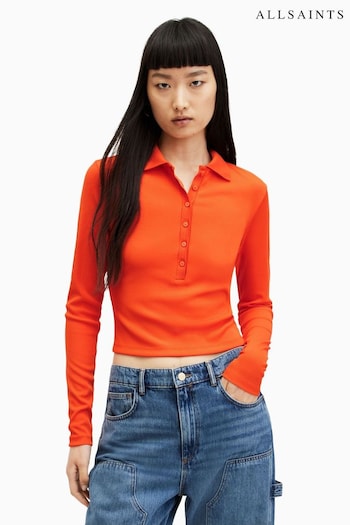 AllSaints Orange Hallie Long Sleeve Polo Shirt (M03804) | £75