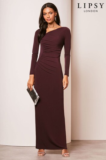 Lipsy Purple Long Sleeve Ruched Maxi Dress (M04115) | £82