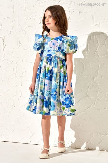 Angel & Rocket Celia Blue Floral Print Puff Sleeve Dress (M05917) | £42 - £46