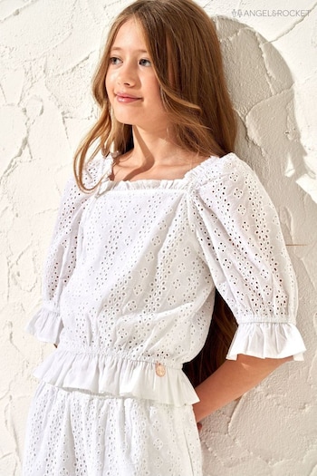 Angel & Rocket Cleo White Broderie Puff Sleeve Top (M06065) | £18 - £22
