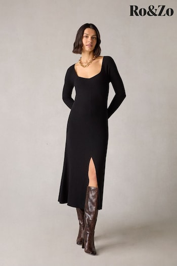 Ro&Zo Petite Rib Knit Sweetheart Neckline Black Midi Dress pull (M08758) | £109
