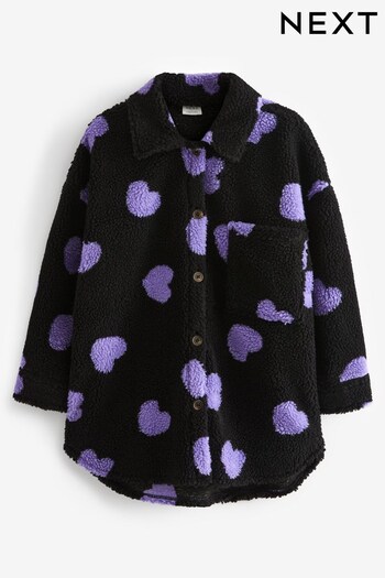 Black/Purple Heart Print Teddy Borg Fleece Shacket (3-16yrs) (M09700) | £22 - £27