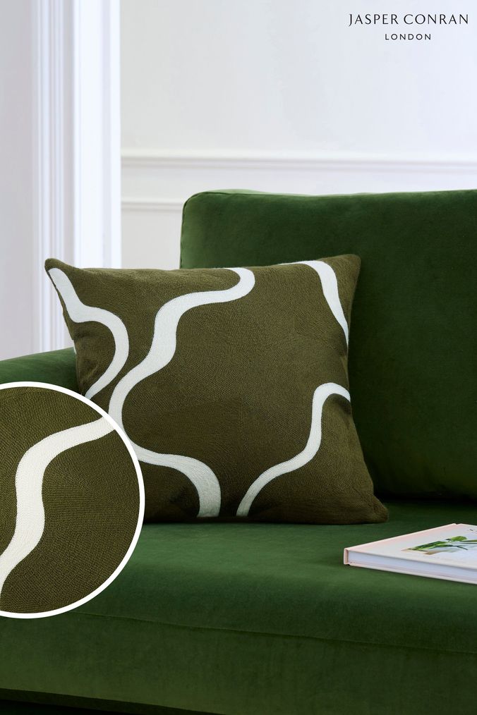 Jasper Conran London Green Wiggle Crewel Embroidered Cushion (M0G819) | £55