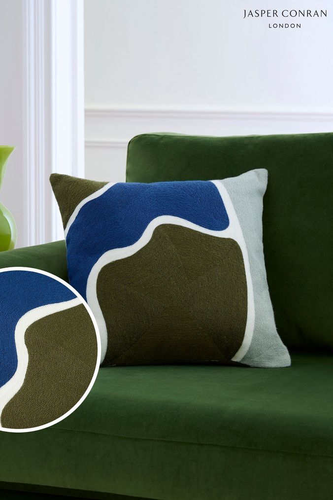 Jasper Conran London Green/Blue Abstract Crewel Embroidered Cushion (M0H634) | £55
