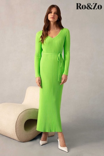 Ro&Zo Green Lime Wide Rib Knit V-Neck Dress (M16888) | £129