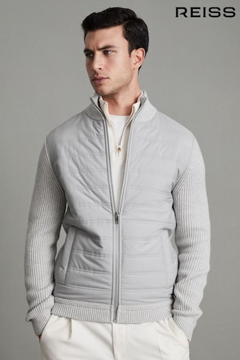 Reiss Soft Grey Trainer Hybrid Quilt and Knit Zip-Through Jacket (M20732) | £178