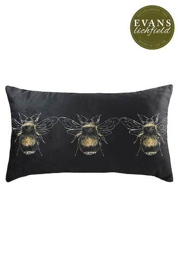 Evans Lichfield Black Gold Bee Velvet Polyester Filled Cushion (M21443) | £17