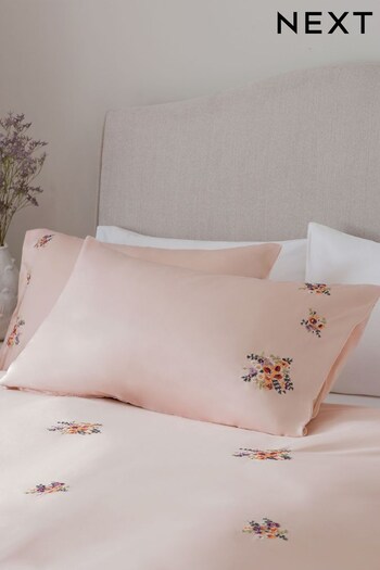 Pink Floral Embroidered Duvet Cover and Pillowcase Set (M26233) | £40 - £70