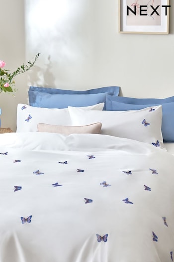 White/Blue Embroidered Butterfly Duvet Cover and Pillowcase Set (M26237) | £40 - £70
