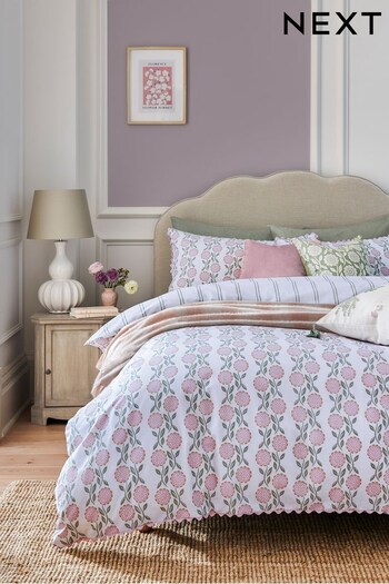 Pink Reversible Floral Print with Trim 100% Cotton Duvet Cover and Pillowcase Set (M26562) | £25 - £55