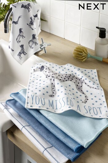 Set of 6 Teal Blue Dog Printed Kitchen Cleaning Cloths (M32865) | £7