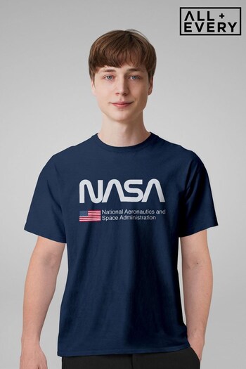 All + Every Blue NASA Classic Worm Text Logo US Flag Mens T-Shirt (M34369) | £23