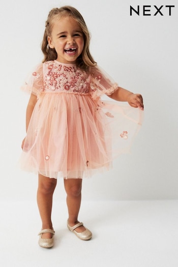 Pale Pink Embroidered Mesh Party Dress (3mths-7yrs) (M36384) | £20 - £24