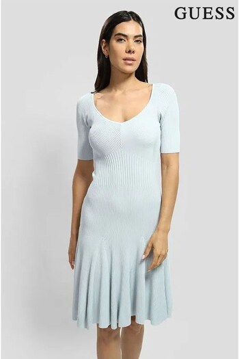 Guess Blue Short Sleeved Julie Sweetheart Flared Dress (M36495) | £140