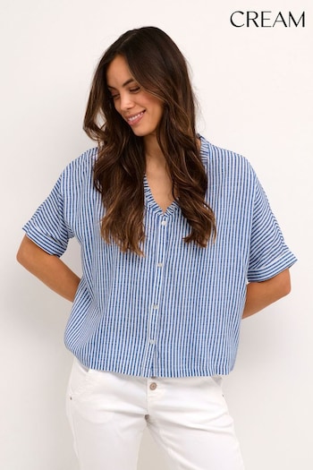 Cream Blue Daisy Short Sleeve V-Neck Shirt (M37061) | £40