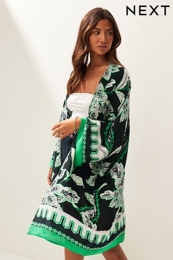 Black/Green Leaf Print Longline Kimono Cover-Up (M37136) | £35