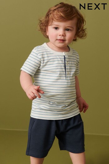 Blue/White Stripe Short Sleeve Henley Top And Shorts Set (3mths-7yrs) (M38301) | £12 - £14