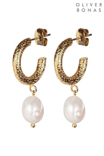 Oliver Bonas Gold Tone Thea Faux Pearl Drop Textured Hoop Earrings (M38538) | £15