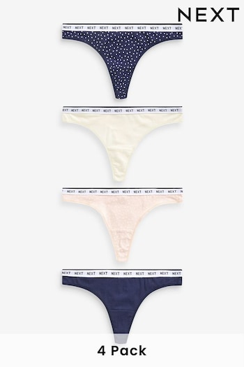 Navy/ Pink Spot Thong Cotton Rich Logo Knickers 4 Pack (M38939) | £17
