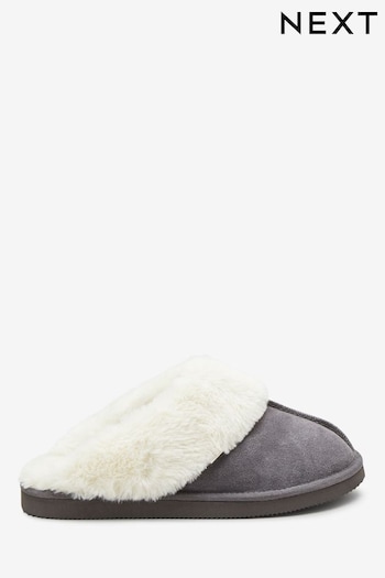 Grey Suede Faux Fur Lined Mule Slippers (M40018) | £23