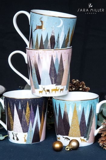 Sara Miller Set of 4 Blue Portmeirion Frosted Pines Christmas Mugs (M41360) | £63