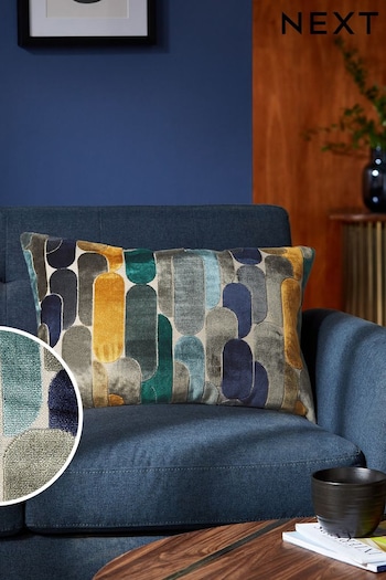 Navy Blue Rectangle Retro Cut Velvet Cushion (M41437) | £26