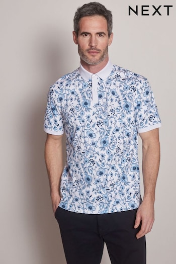 White/Blue Floral Print Polo Shirt (M42218) | £15