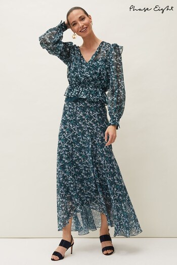 Phase Eight Blue Floral Drop Hem Skirt (M42375) | £79