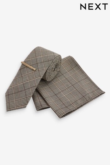 Neutral Brown Check Slim Heritage Tie and Pocket Square Set (M43919) | £18