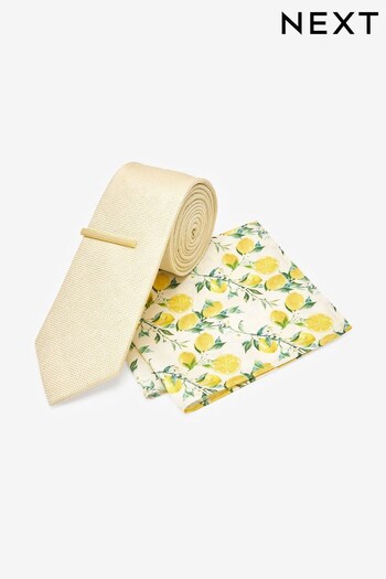 Neutral Brown/Lemon Print Tie, Pocket Square And Tie Clip Set (M43933) | £18